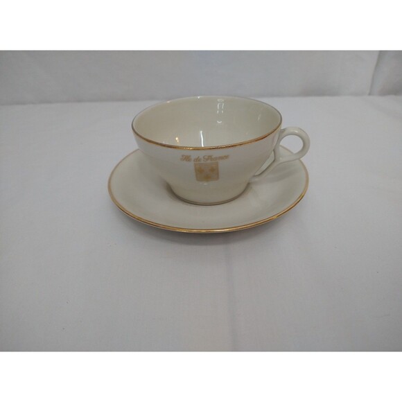 VTG Air France Pillivuyt? Porcelain Teacup and Saucer Ivory Cream with Gold Rim - Picture 1 of 14